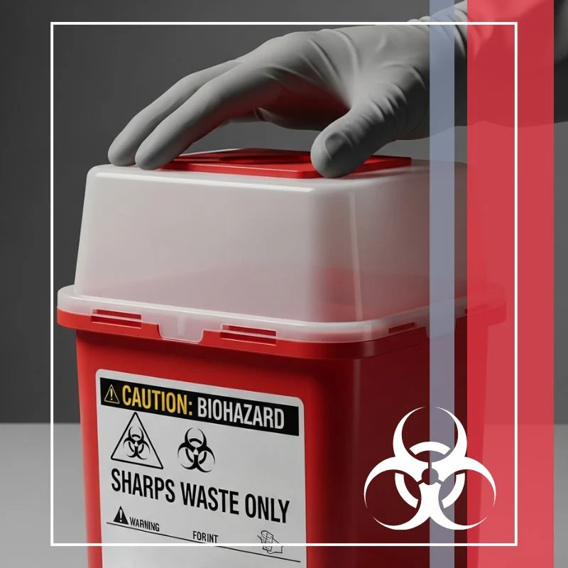gloved hand securely closing the lid on a red, puncture-resistant sharps container