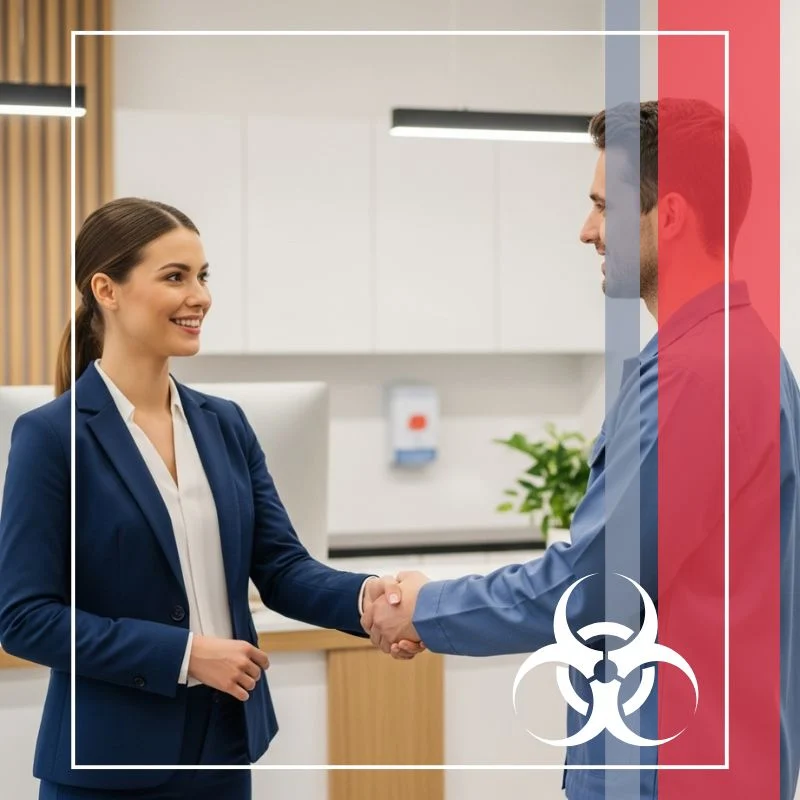 a friendly, professional service technician shaking hands with the clinic manager