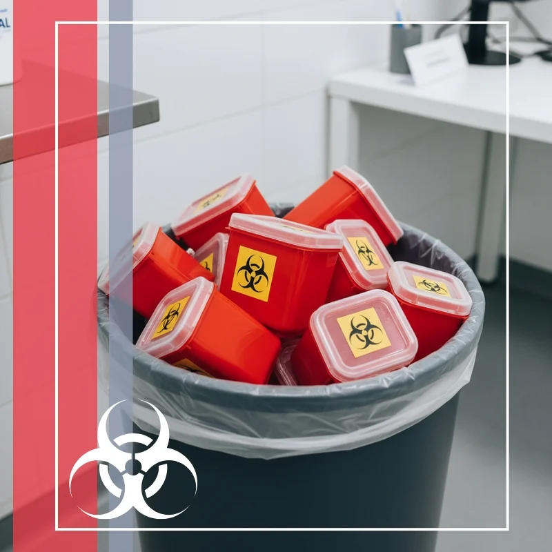 Red sharp container bins in a trash can