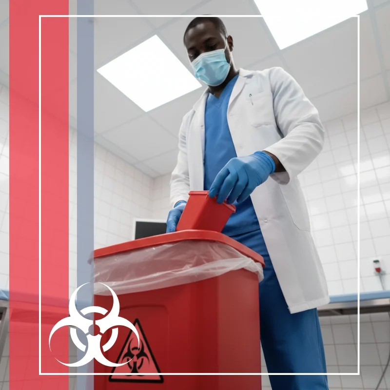 Healthcare worker throwing out a red container waste bin