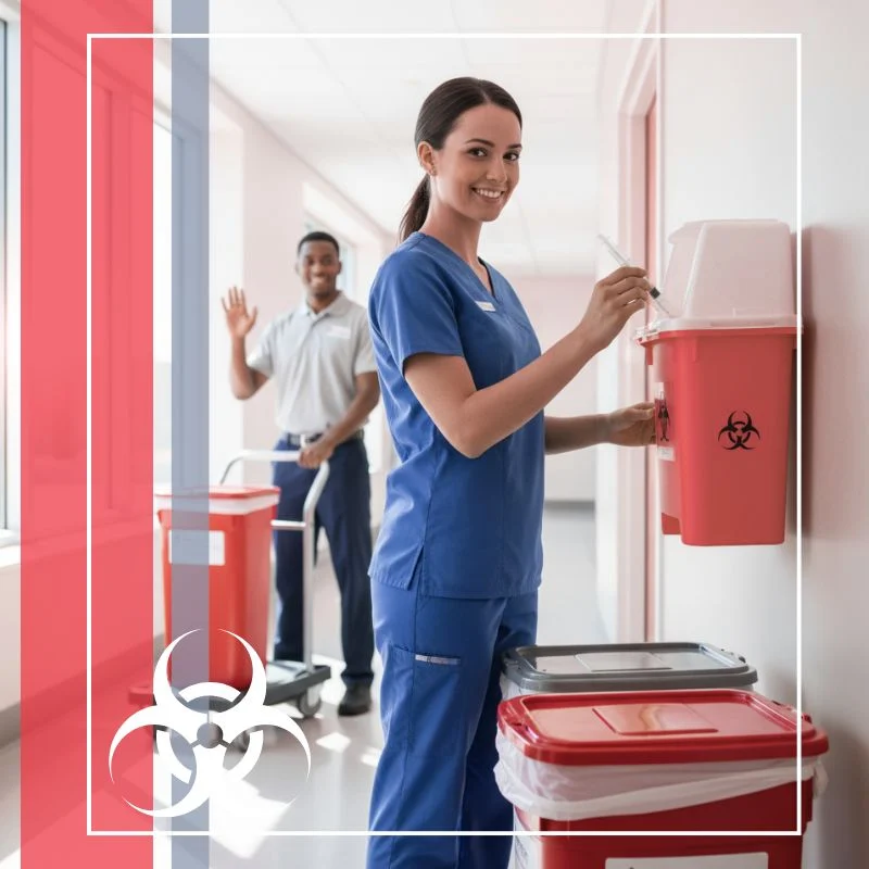 A smiling female medical professional in blue scrubs is disposing of a syringe into a red wall-mounted sharps container.