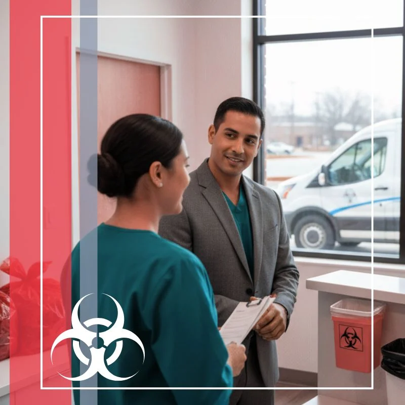 A medical professional in scrubs is speaking with a representative from Superior Medical Waste Disposal LLC, who is holding a clipboard, in a modern healthcare facility.