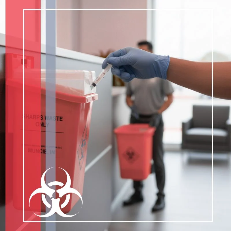 A close-up view of a gloved hand disposing of a syringe into a red, wall-mounted sharps waste container