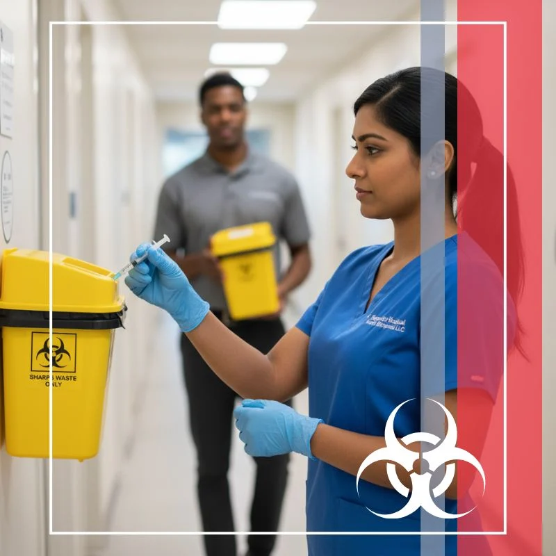 A female medical professional in blue scrubs and gloves is disposing of a syringe into a yellow wall-mounted sharps waste container in a hospital hallway.