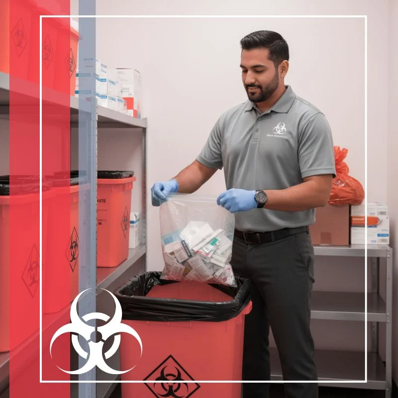 An employee wearing blue gloves, carefully places a clear bag of medical waste into a large red biohazard container in a clean storage room with shelves of other red disposal bins.